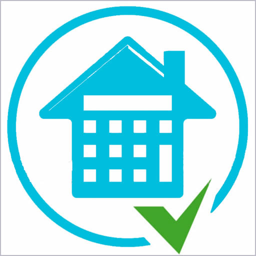 Blue house icon with windows like calculator buttons, surrounded by circle with green tick.